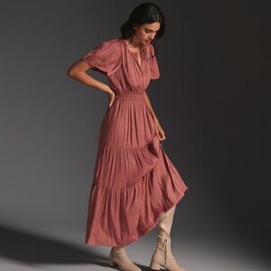 Anthropologie Somerset Maxi Dress Smocked Waist Tiered Pink Blush Mauve Size XS